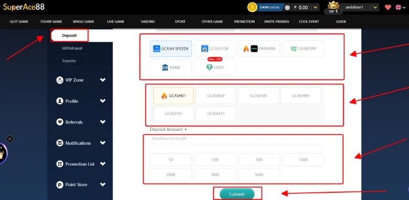 Choose the type methods payment and amount of money to deposit